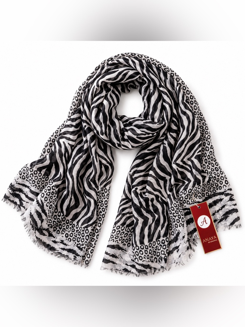 Anaya Black & White Zebra and Leopard Print Scarf